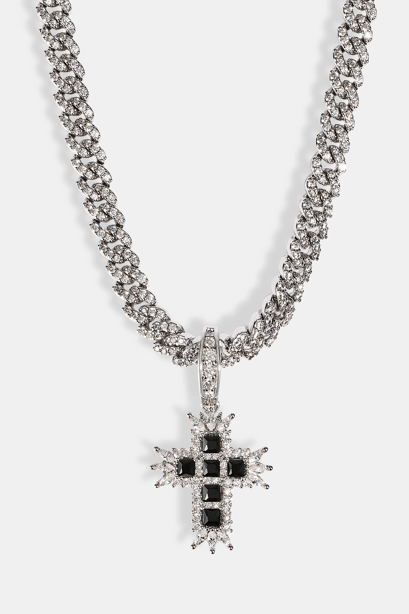 Black Iced Cross Pendant Cuban Necklace - 20mm - White